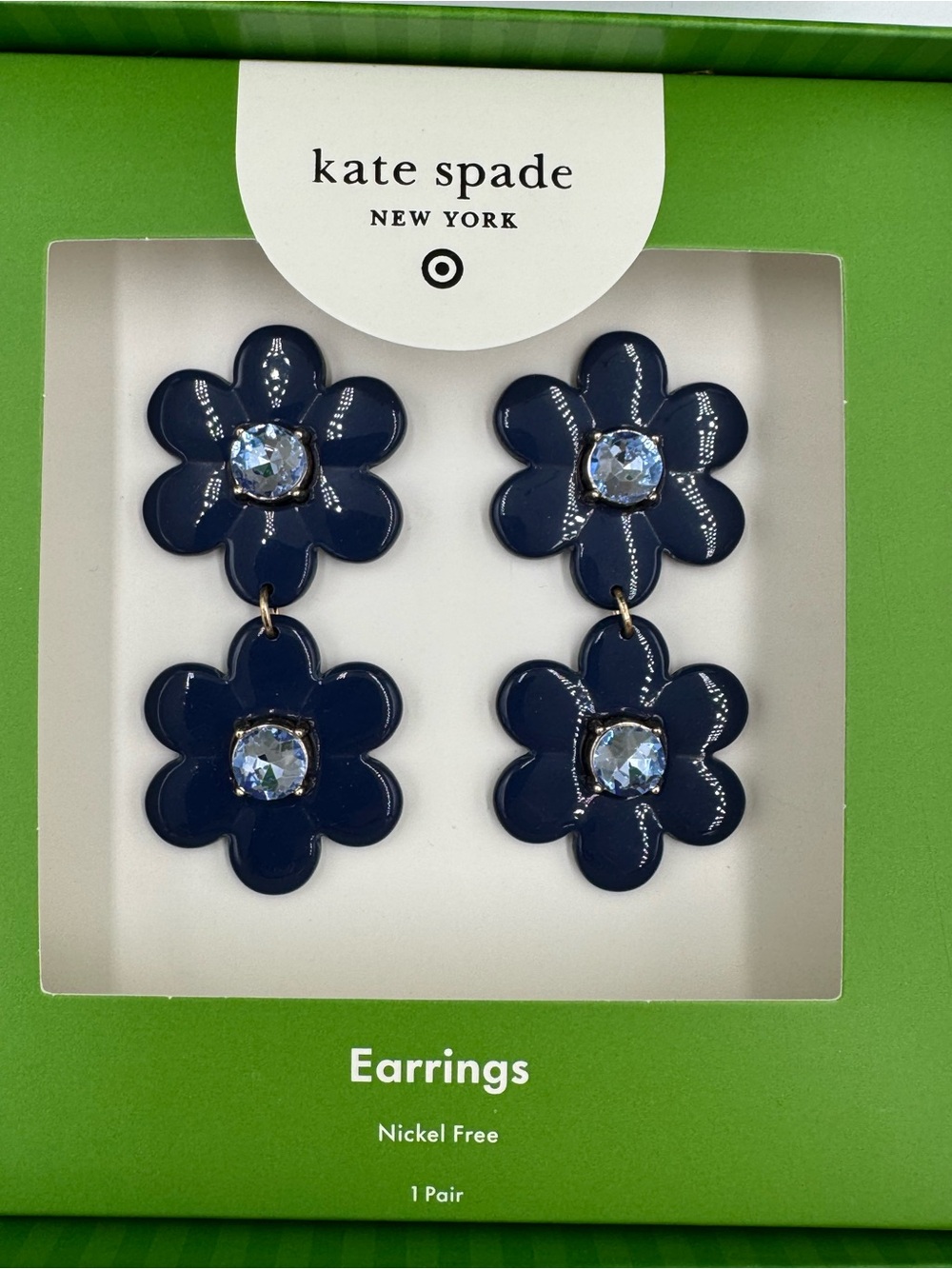 kate spade navy blue flower drop earrings with light blue center stones - NIB - Picture 2 of 5